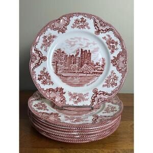 VtgPink/Red transferware dinner plates Johnson Brothers Old Britain Castles, 10"